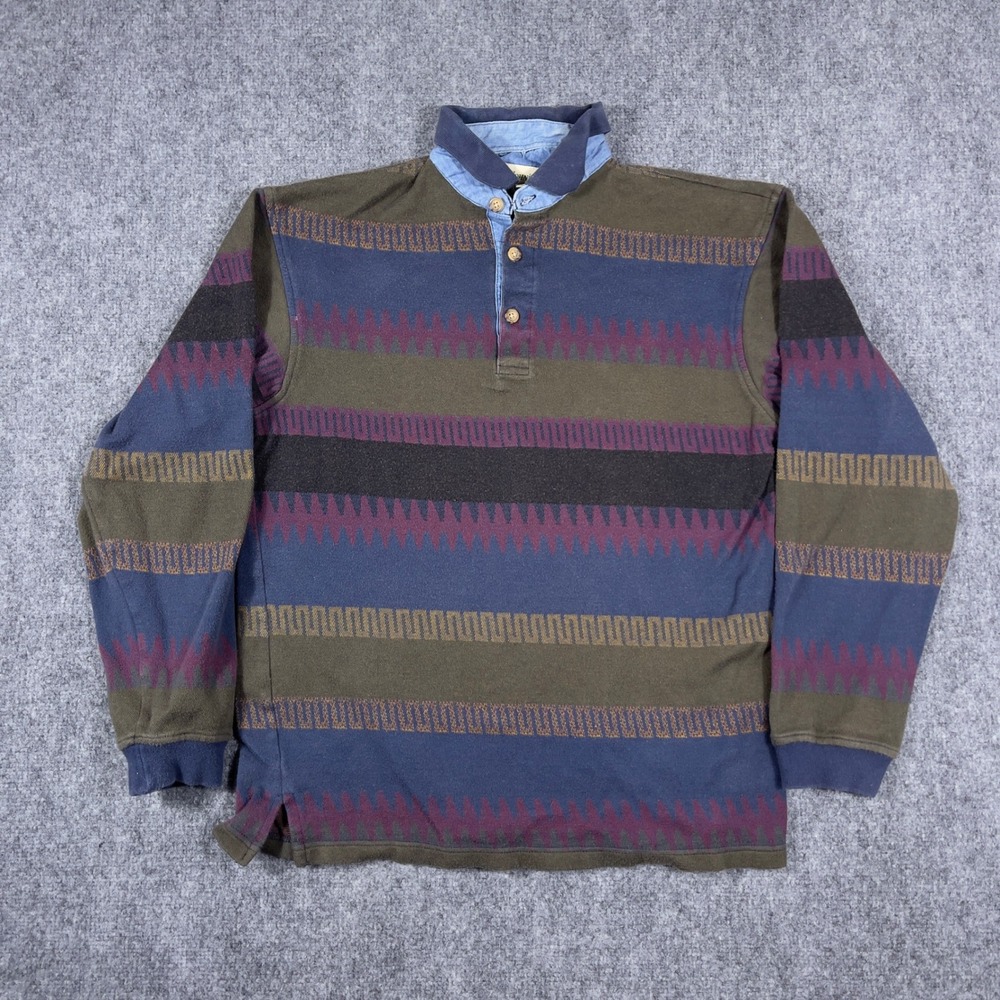 Vintage St Johns Bay Polo Shirt Mens M Multi Color Geometric Striped Long Sleeve